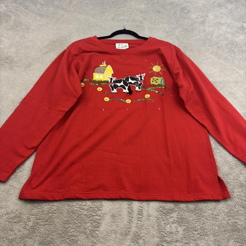 Quacker Factory Shirt Womens Large Red Sequin‎ Cow Barn Farm Scene Pullover Top